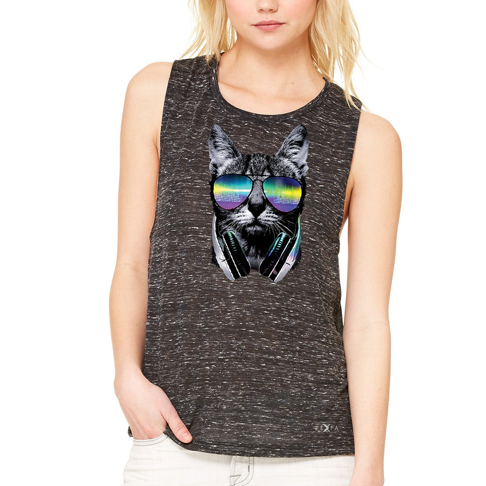 DJ Cat With Sun Glasses and Headphones Women's Muscle Tee Graphic Tanks - Zexpa Apparel - 3