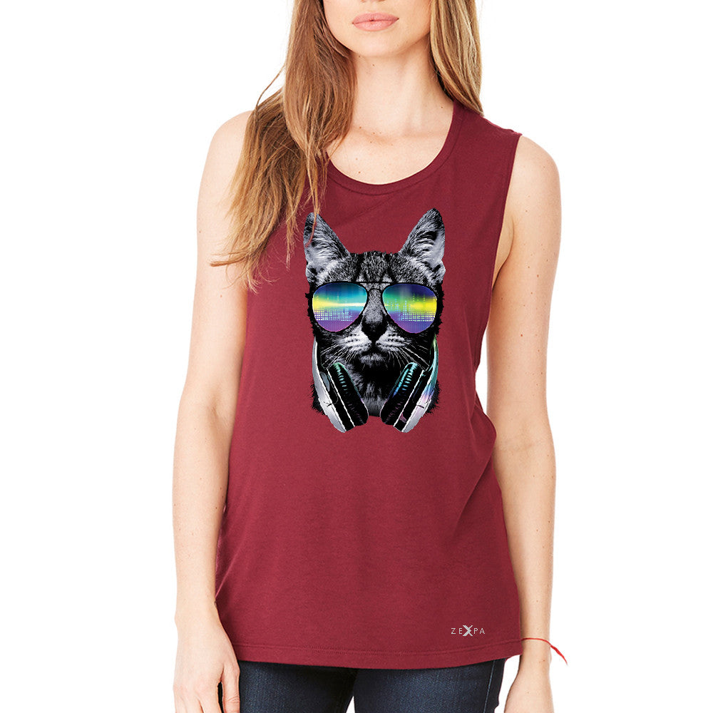 DJ Cat With Sun Glasses and Headphones Women's Muscle Tee Graphic Tanks - Zexpa Apparel - 4