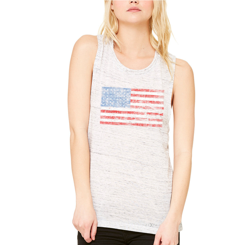 Distressed Atilt American Flag USAÂ  Women's Muscle Tee Patriotic Tanks - Zexpa Apparel - 5