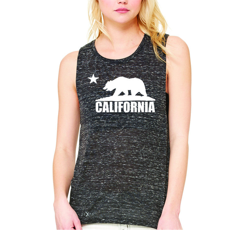 California Bear White Star Women's Muscle Tee State Flag Cali CA Tanks - Zexpa Apparel Halloween Christmas Shirts