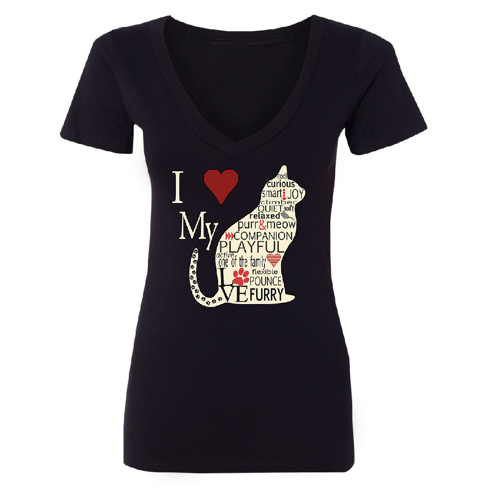 I Love My Cat Women's Deep V-neck Furry Playful Cat Silhouette Tee 