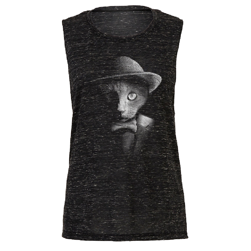 Stylish Gentelman Cat Women's Muscle Tank Cool Mafia Cat with Hat Tee 