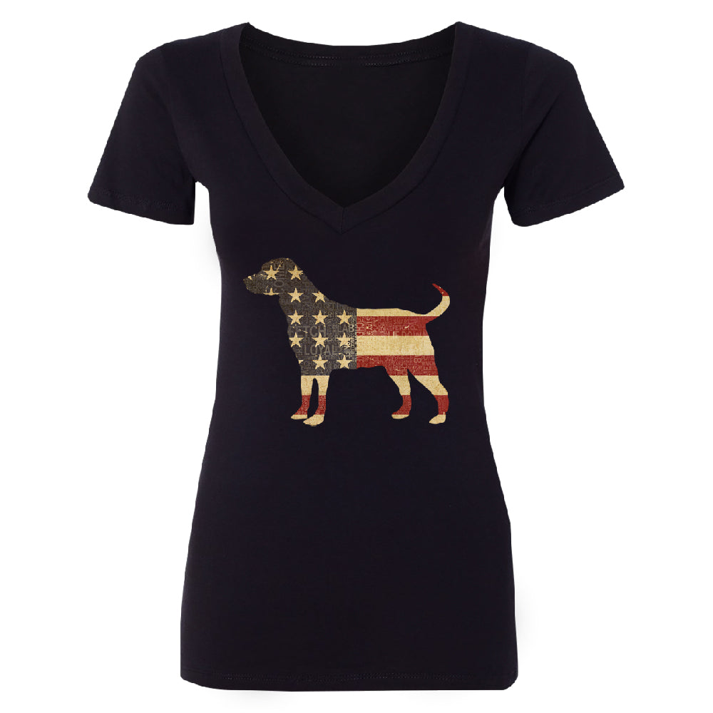 Patriotic American Flag Dog Silhouette Women's Deep V-neck 4th of July Tee 