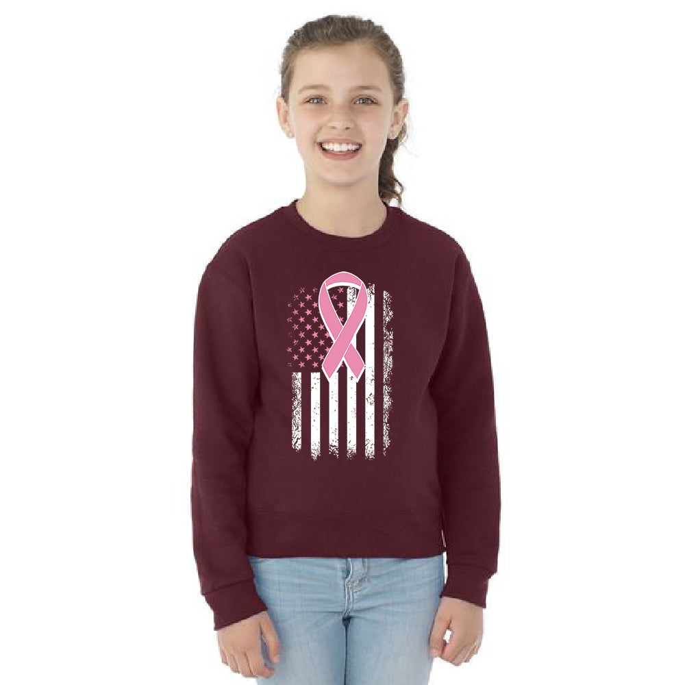 Pink Vintage American Flag Youth Crewneck Breast Cancer Awareness SweatShirt 