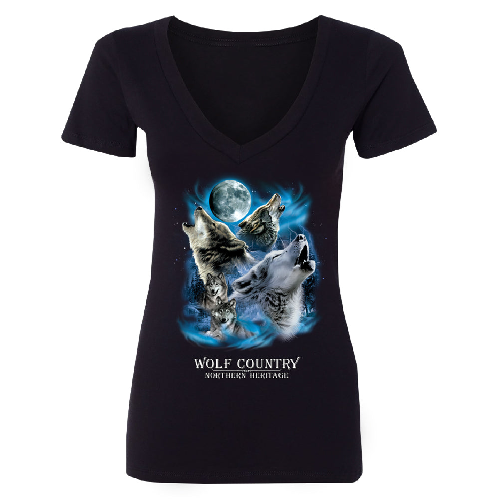 Wolves Howling Full Moon Women's Deep V-neck Country Northern Heritage Tee 