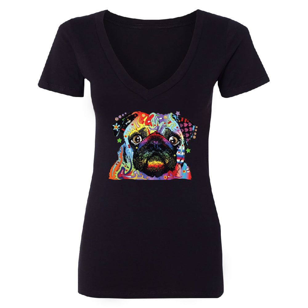 Official Dean Russo Colorful Pug Women's Deep V-neck Neon Cute Dog Tee 