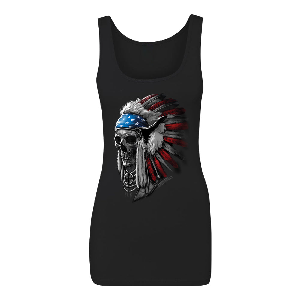 Patriotic Headdress Chief Skull Women's Tank Top 4th of July USA Flag Shirt 