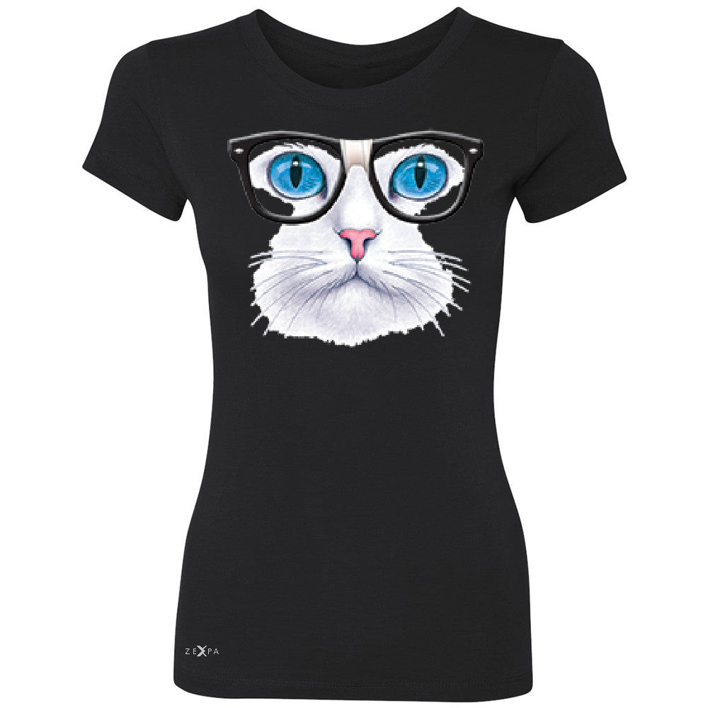 CAT WITH NERD GLASSES Women's T-shirt Kitty Kitten Horn Rim Tee - Zexpa Apparel - 1
