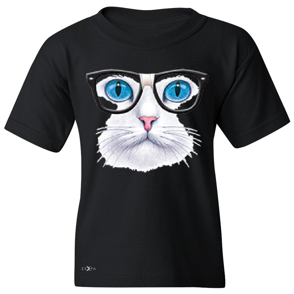 CAT WITH NERD GLASSES Youth T-shirt Kitty Kitten Horn Rim Tee - Zexpa Apparel - 1