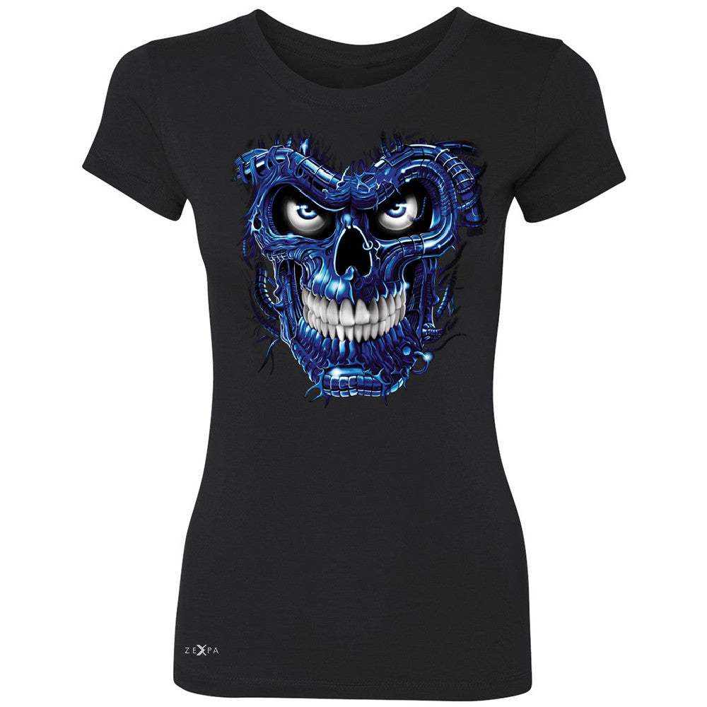 Blue Terminator Skull Women's T-shirt Sugar Day of The Death Tee - Zexpa Apparel Halloween Christmas Shirts