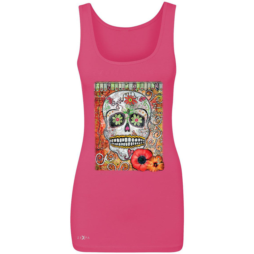 Love Skull with Flower Women's Tank Top Day Of The Dead Oct 31 Sleeveless - Zexpa Apparel - 2