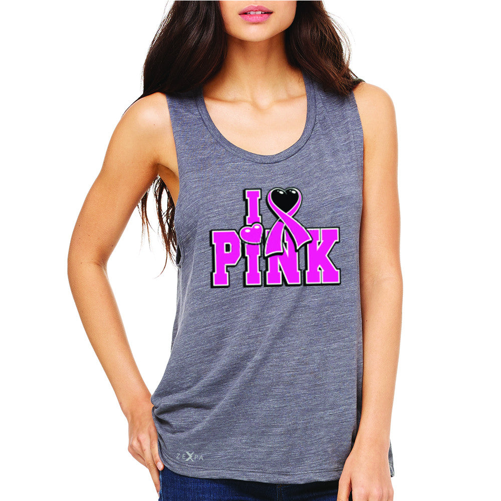 I Love Pink - Pink Heart Ribbon Women's Muscle Tee Breast Cancer Sleeveless - Zexpa Apparel - 2