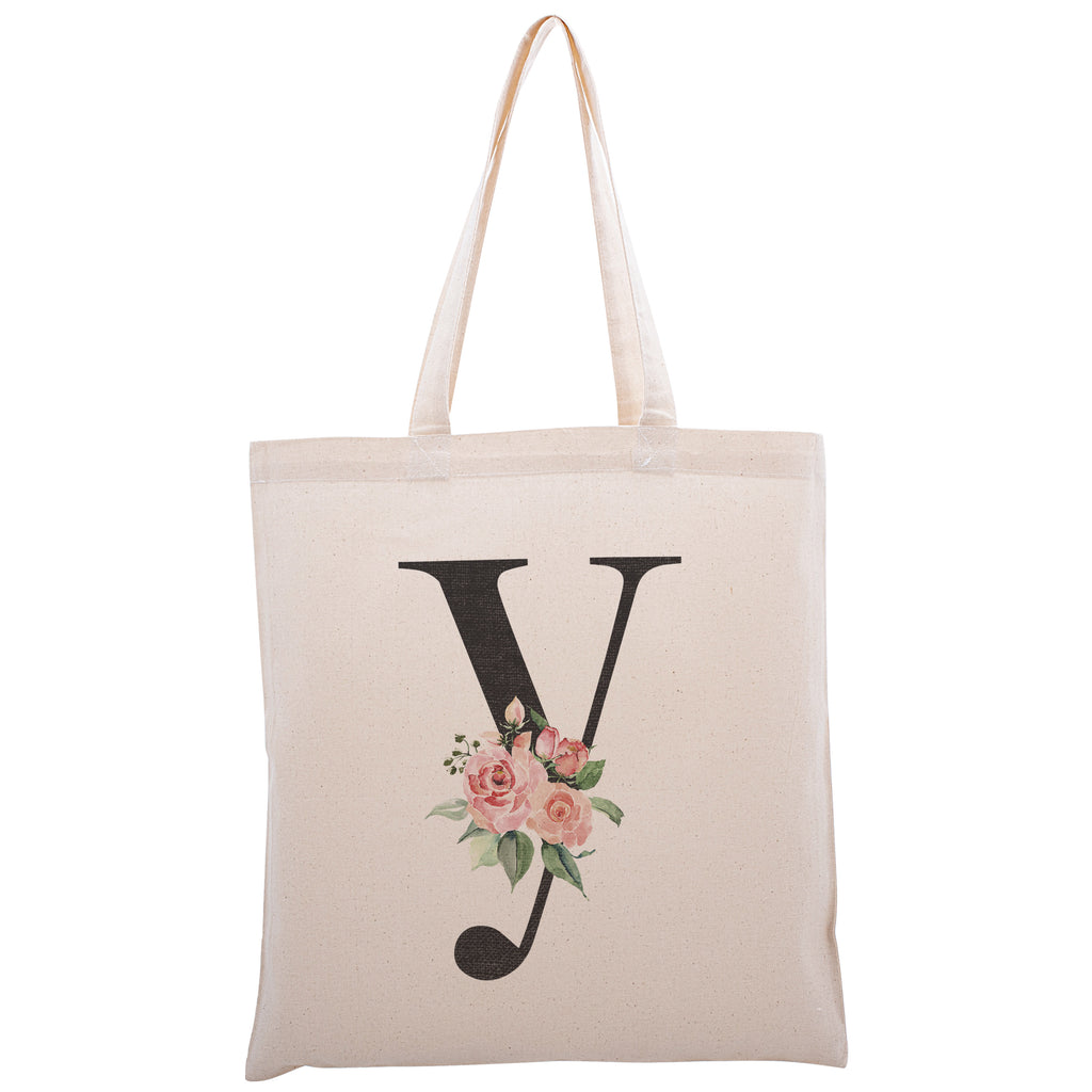 Personalized Floral Initial Cotton Canvas Tote Bag for Events Bachelorette Party Baby Shower Bridal Shower Bridesmaid Christmas Gift Bag | Totes for Yoga Pilates Gym Workout | Reusable Bags for Shool