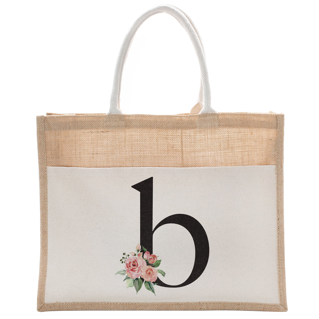 Daily Use Canvas Tote Bag With Floral Initial For Beach Workout Yoga Vacation Gym | Luxury Totes Gift for Christmas Events and Parties