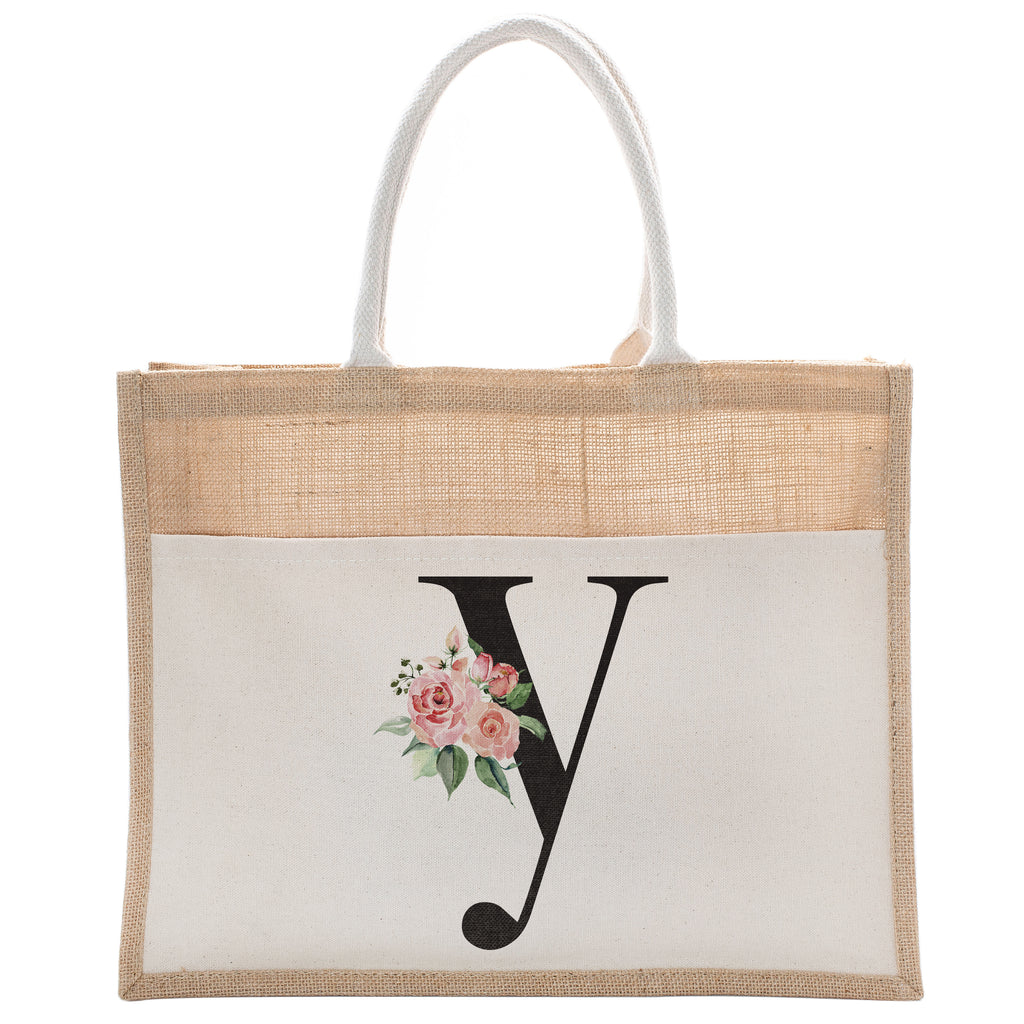 Daily Use Canvas Tote Bag With Floral Initial For Beach Workout Yoga Vacation Gym | Luxury Totes Gift for Christmas Events and Parties