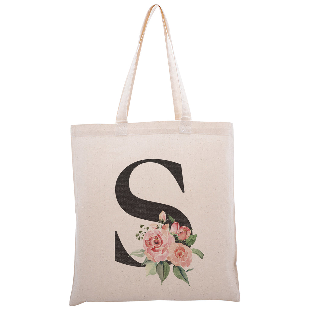 Personalized Floral Initial Cotton Canvas Tote Bag for Events Bachelorette Party Baby Shower Bridal Shower Bridesmaid Christmas Gift Bag | Totes for Yoga Pilates Gym Workout | Reusable Bags for Shool