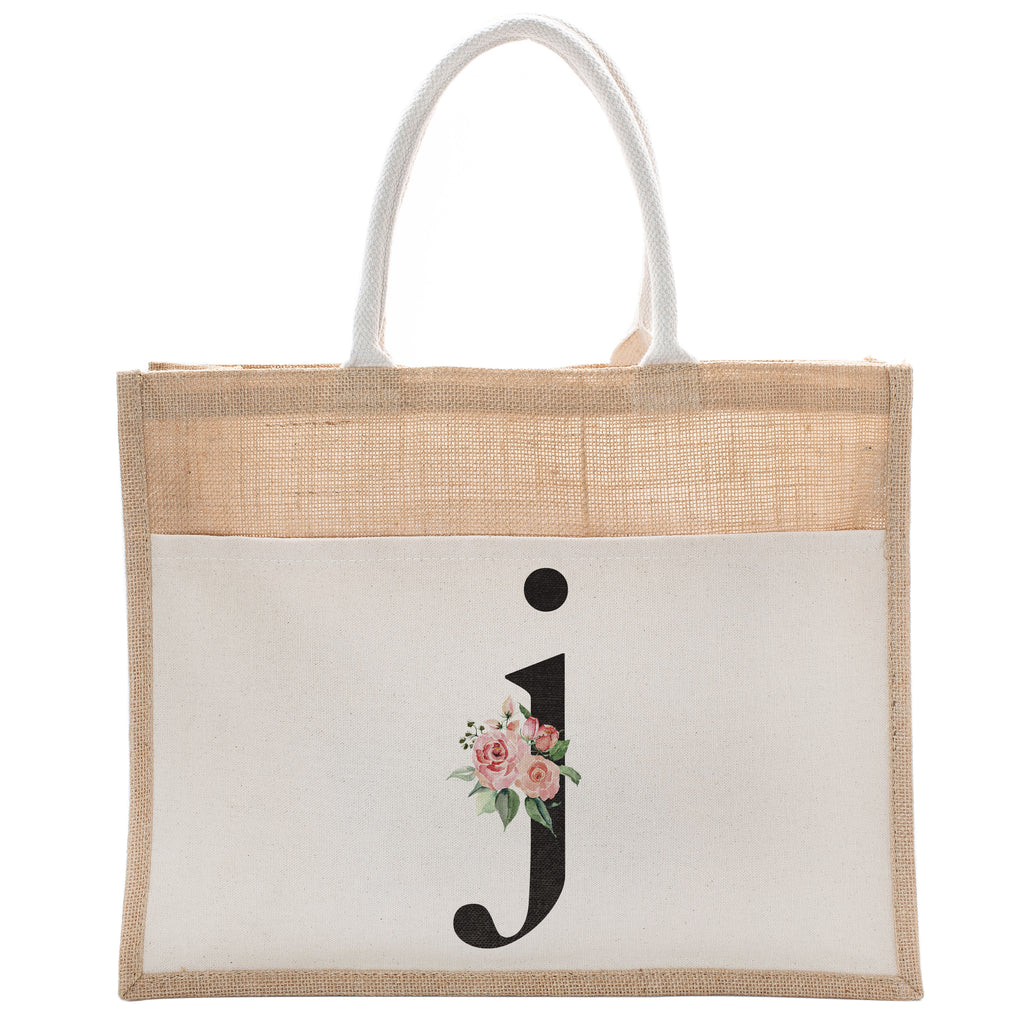 Daily Use Canvas Tote Bag With Floral Initial For Beach Workout Yoga Vacation Gym | Luxury Totes Gift for Christmas Events and Parties