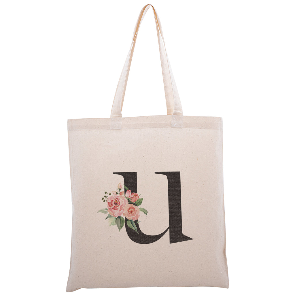 Personalized Floral Initial Cotton Canvas Tote Bag for Events Bachelorette Party Baby Shower Bridal Shower Bridesmaid Christmas Gift Bag | Totes for Yoga Pilates Gym Workout | Reusable Bags for Shool