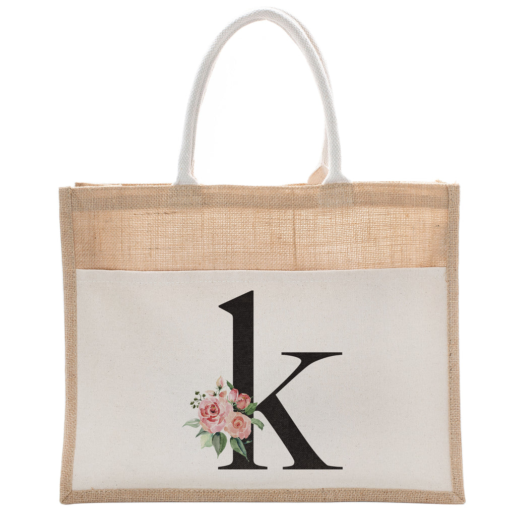 Daily Use Canvas Tote Bag With Floral Initial For Beach Workout Yoga Vacation Gym | Luxury Totes Gift for Christmas Events and Parties