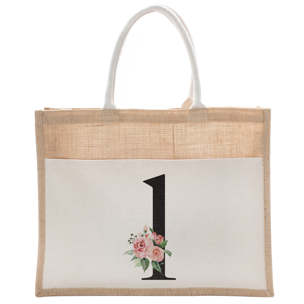 Daily Use Canvas Tote Bag With Floral Initial For Beach Workout Yoga Vacation Gym | Luxury Totes Gift for Christmas Events and Parties