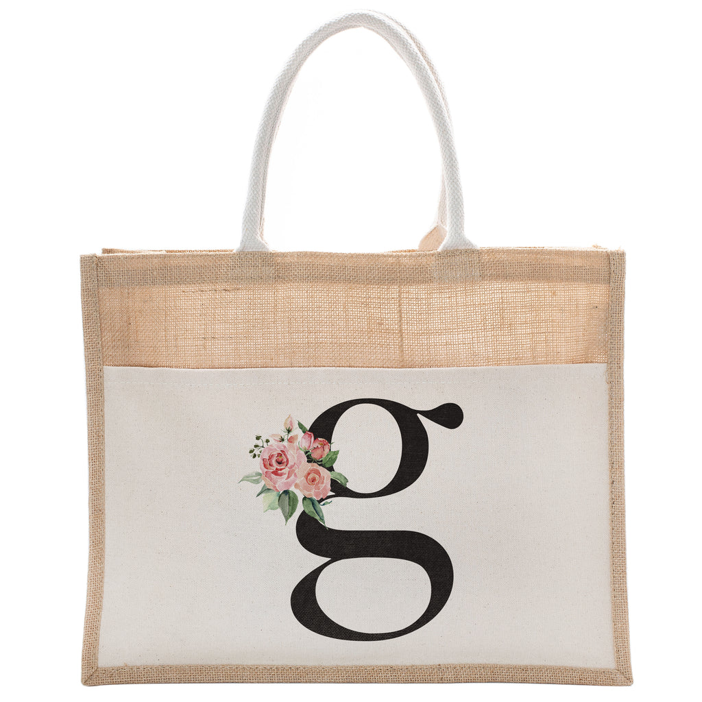 Daily Use Canvas Tote Bag With Floral Initial For Beach Workout Yoga Vacation Gym | Luxury Totes Gift for Christmas Events and Parties