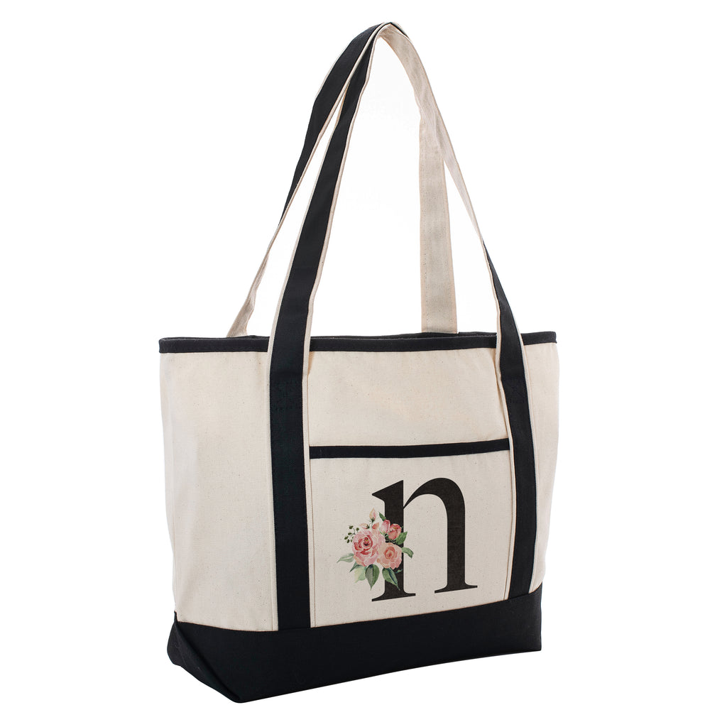 Black Linen Canvas Tote Bag Floral Initial For Beach Workout Yoga Vacation | Daily Use Totes Gift For Events