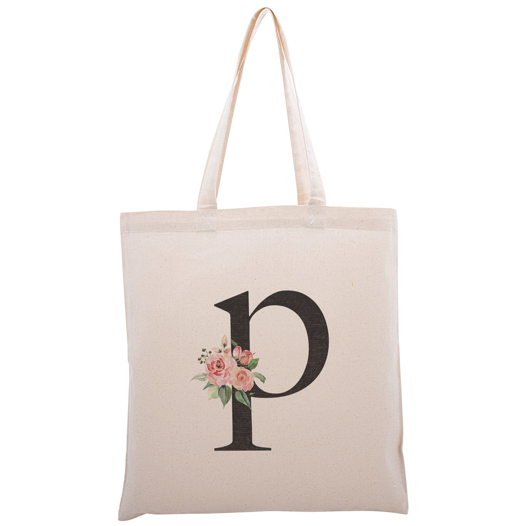 Personalized Floral Initial Cotton Canvas Tote Bag for Events Bachelorette Party Baby Shower Bridal Shower Bridesmaid Christmas Gift Bag | Totes for Yoga Pilates Gym Workout | Reusable Bags for Shool