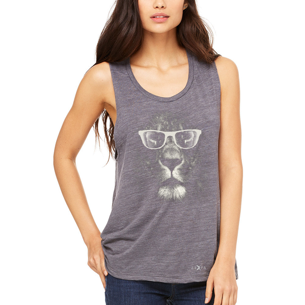 Lion With Glasses Women's Muscle Tee Graphic Cool Wild Animal Tanks - Zexpa Apparel - 2