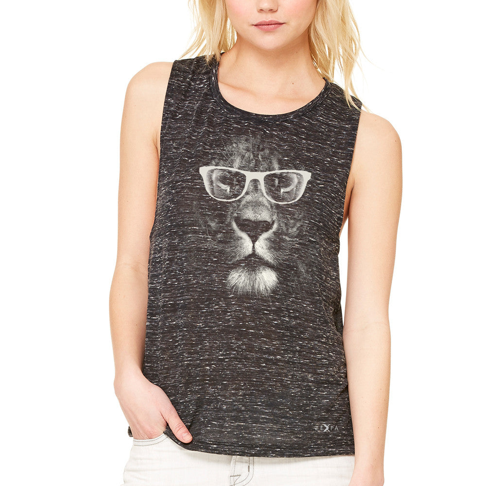 Lion With Glasses Women's Muscle Tee Graphic Cool Wild Animal Tanks - Zexpa Apparel - 3