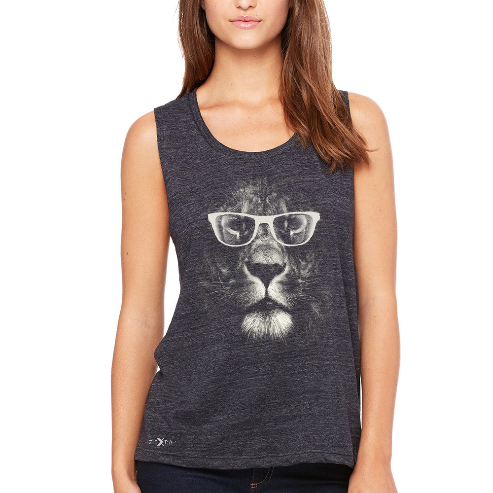 Lion With Glasses Women's Muscle Tee Graphic Cool Wild Animal Tanks - Zexpa Apparel - 1