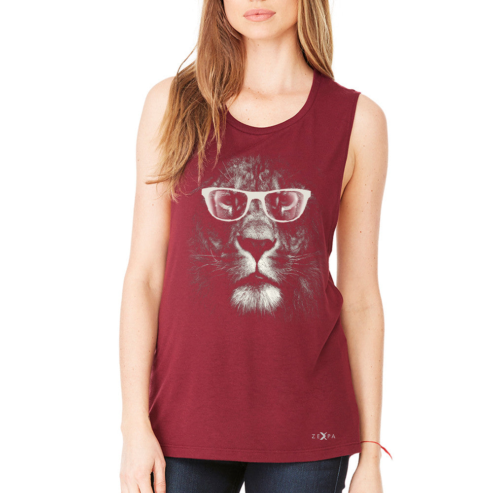 Lion With Glasses Women's Muscle Tee Graphic Cool Wild Animal Tanks - Zexpa Apparel - 4