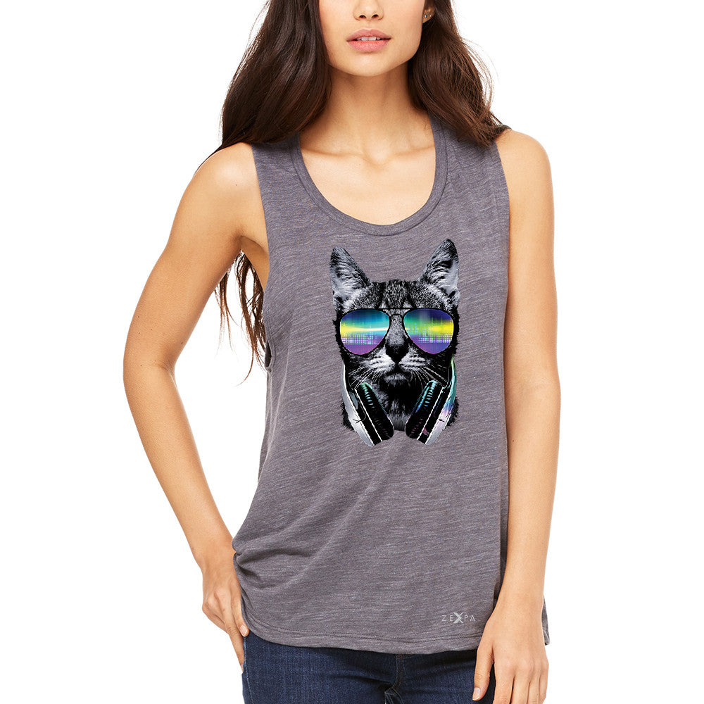 DJ Cat With Sun Glasses and Headphones Women's Muscle Tee Graphic Tanks - Zexpa Apparel - 2