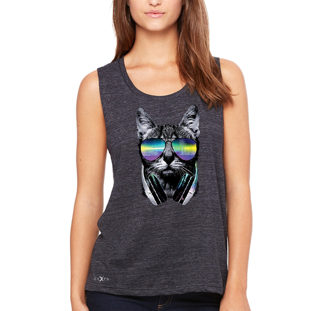 DJ Cat With Sun Glasses and Headphones Women's Muscle Tee Graphic Tanks - Zexpa Apparel - 1