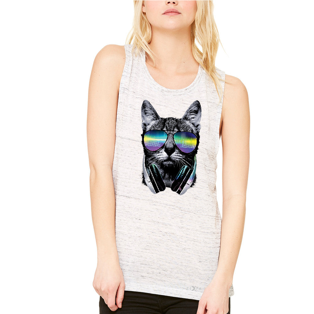 DJ Cat With Sun Glasses and Headphones Women's Muscle Tee Graphic Tanks - Zexpa Apparel - 5
