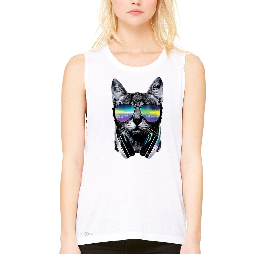 DJ Cat With Sun Glasses and Headphones Women's Muscle Tee Graphic Tanks - Zexpa Apparel - 6