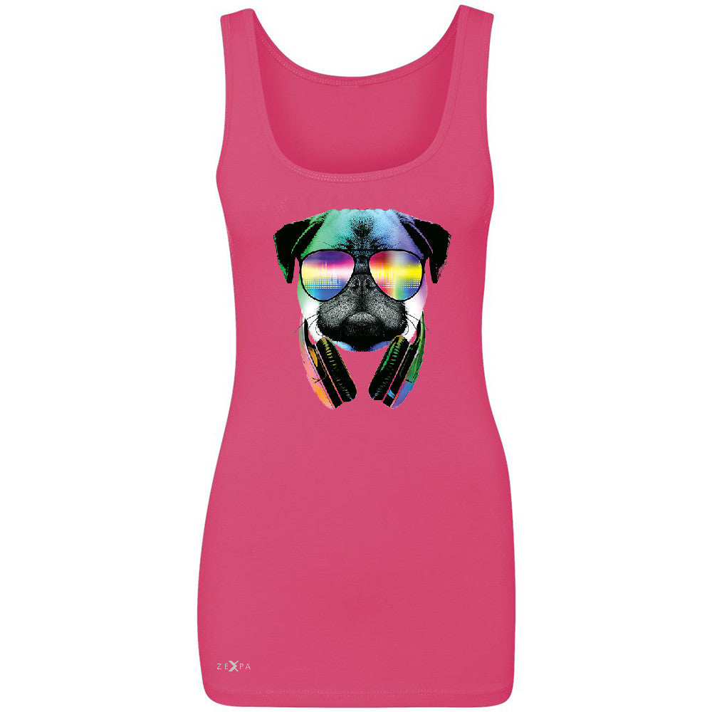 DJ Dog Pug Sun Glasses and Headphones Women's Tank Top Graphic Sleeveless - Zexpa Apparel - 2