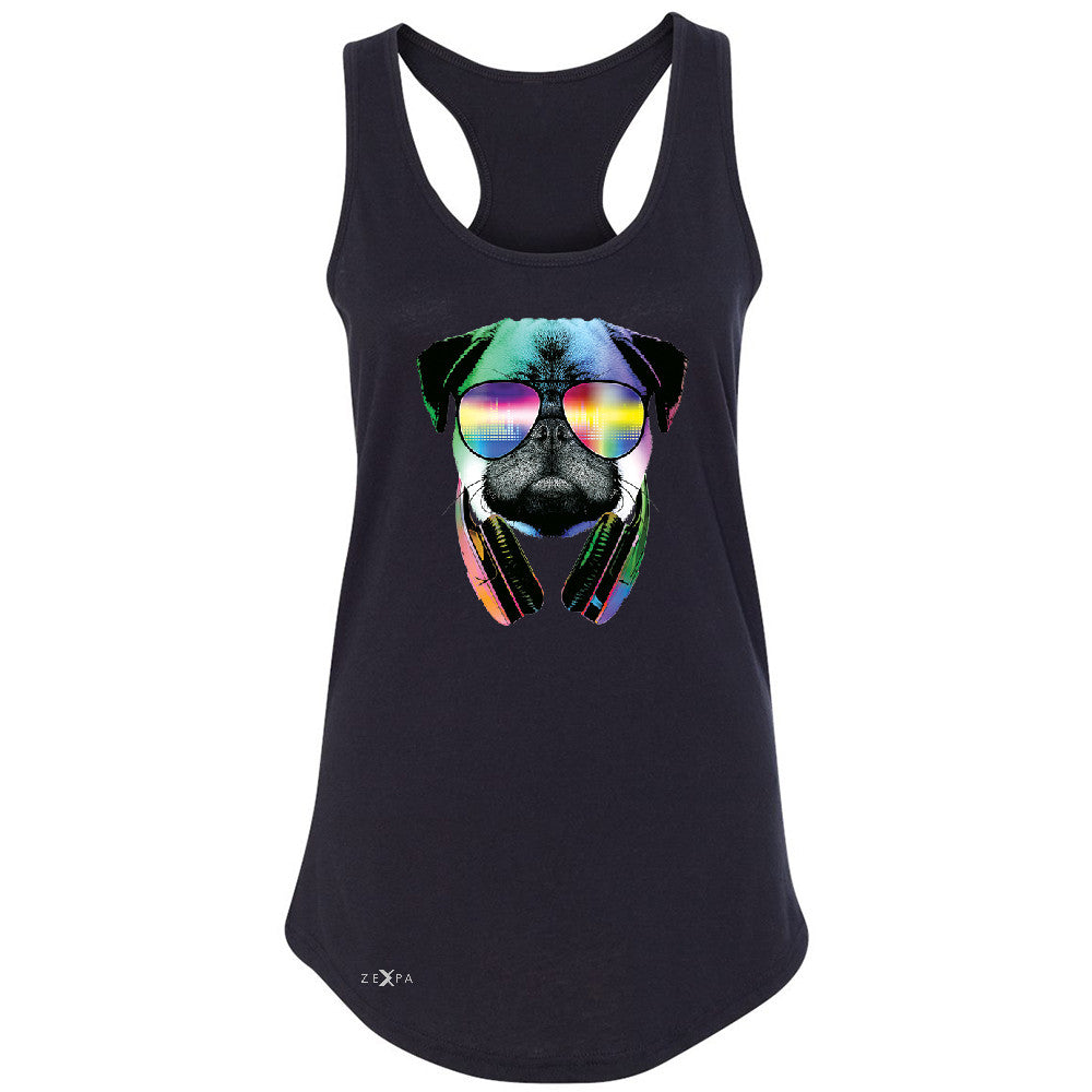 DJ Dog Pug Sun Glasses and Headphones Women's Racerback Graphic Sleeveless - Zexpa Apparel - 1