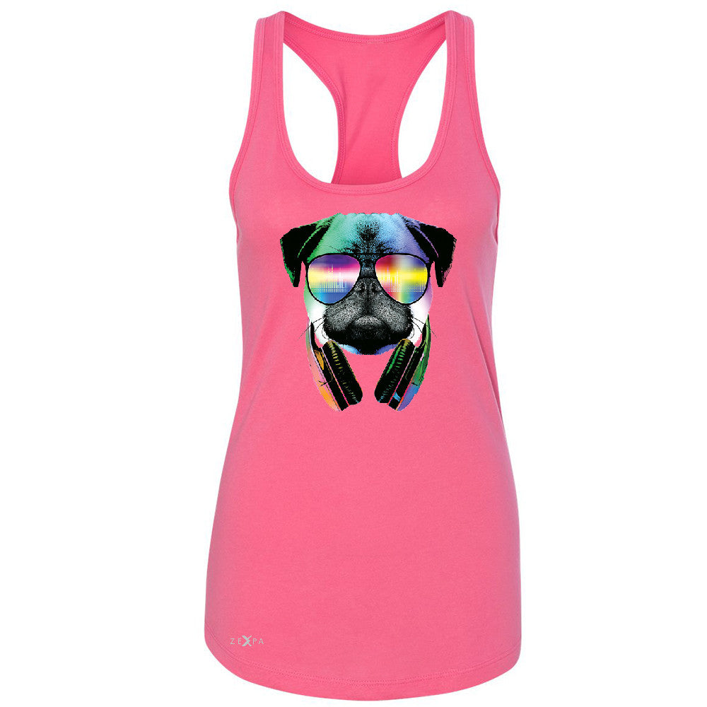 DJ Dog Pug Sun Glasses and Headphones Women's Racerback Graphic Sleeveless - Zexpa Apparel - 2