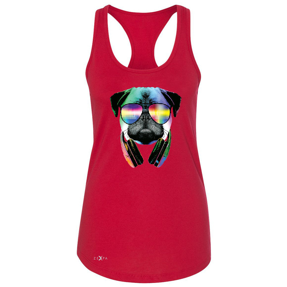 DJ Dog Pug Sun Glasses and Headphones Women's Racerback Graphic Sleeveless - Zexpa Apparel - 3