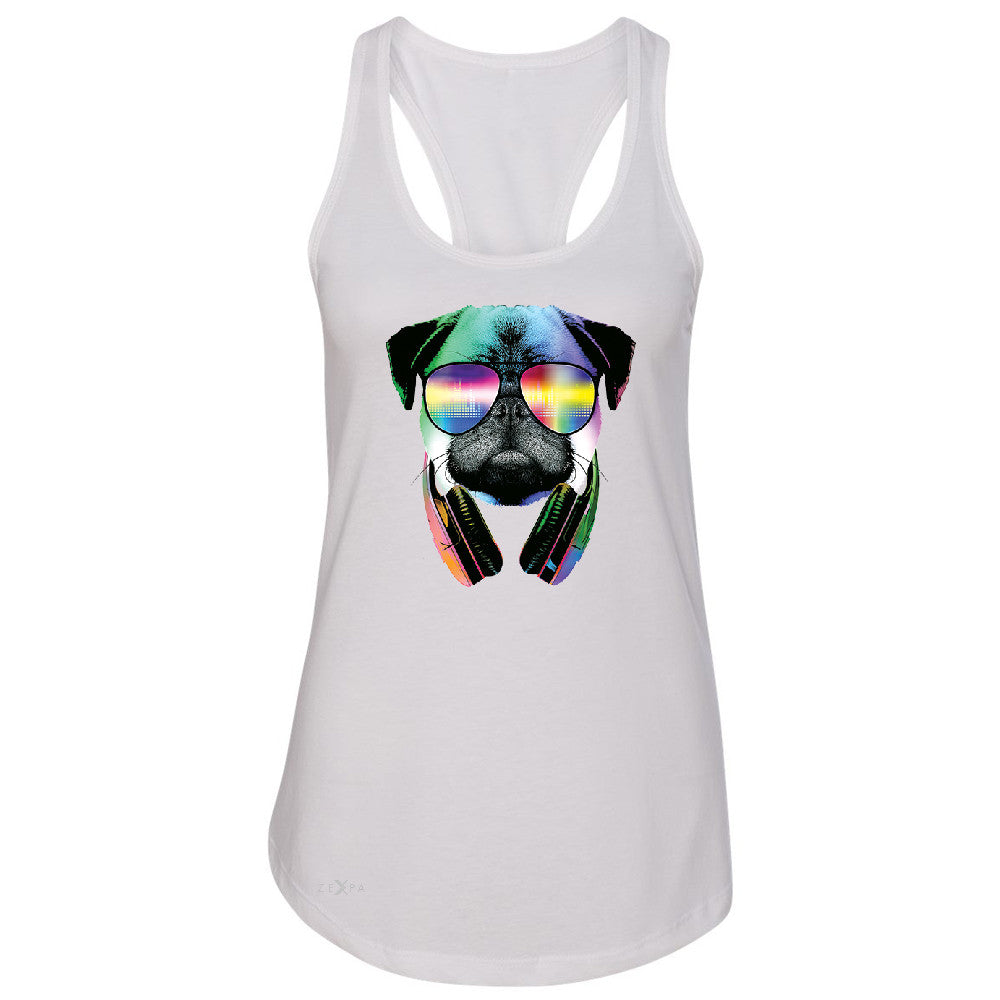 DJ Dog Pug Sun Glasses and Headphones Women's Racerback Graphic Sleeveless - Zexpa Apparel - 4