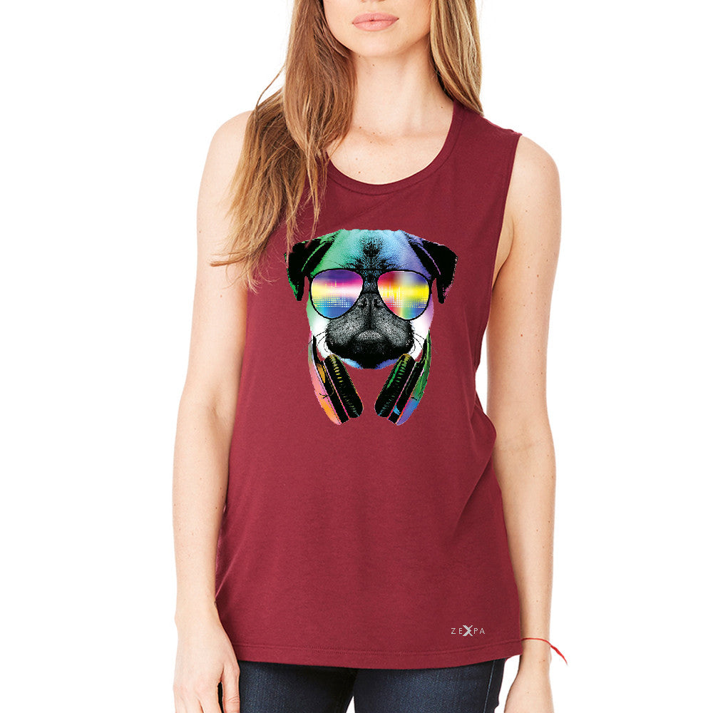 DJ Dog Pug Sun Glasses and Headphones Women's Muscle Tee Graphic Tanks - Zexpa Apparel - 4