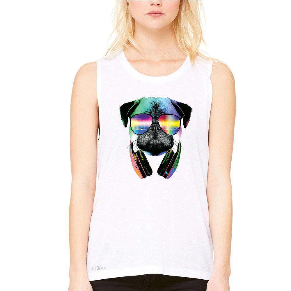 DJ Dog Pug Sun Glasses and Headphones Women's Muscle Tee Graphic Tanks - Zexpa Apparel - 6