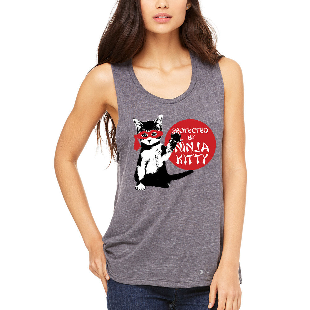 Protected By Ninja Kitty Graphic Women's Muscle Tee Animal Love Tanks - Zexpa Apparel - 2
