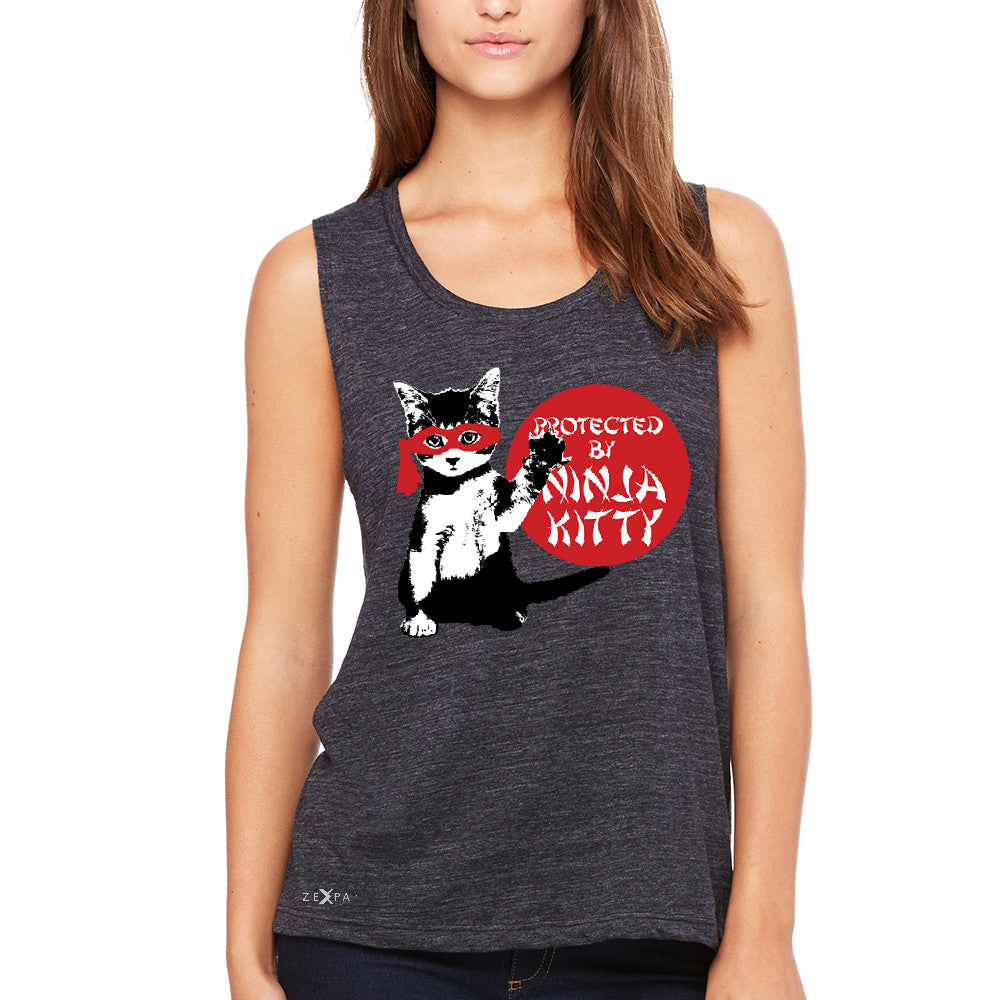 Protected By Ninja Kitty Graphic Women's Muscle Tee Animal Love Tanks - Zexpa Apparel - 1