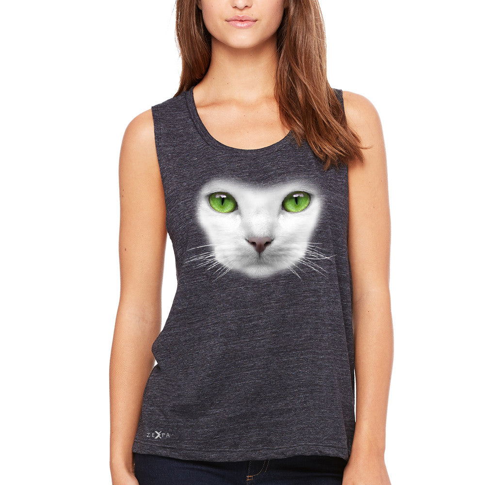 Elegant Cat with Green Eyes Women's Muscle Tee Beautiful Look Tanks - Zexpa Apparel - 1