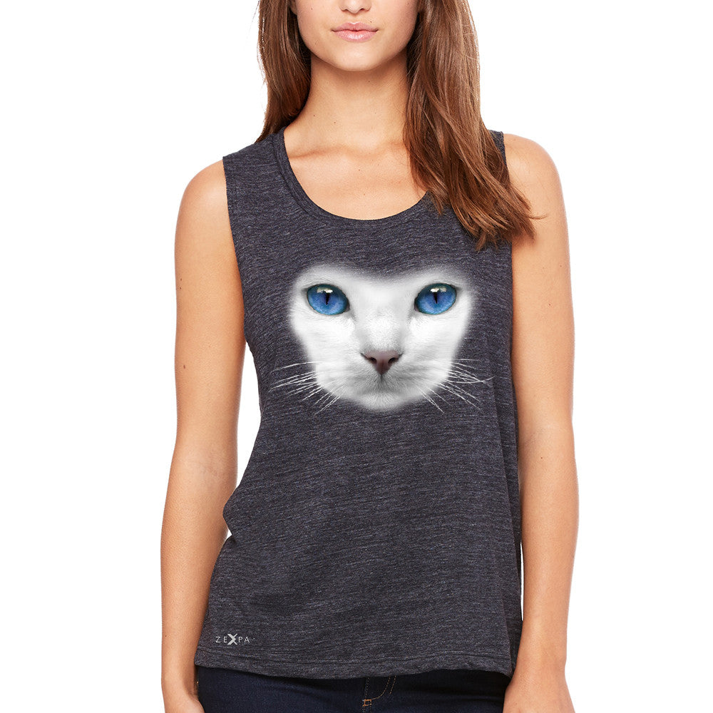 Elegant Cat with Blue Eyes Women's Muscle Tee Beautiful Look Tanks - Zexpa Apparel - 1