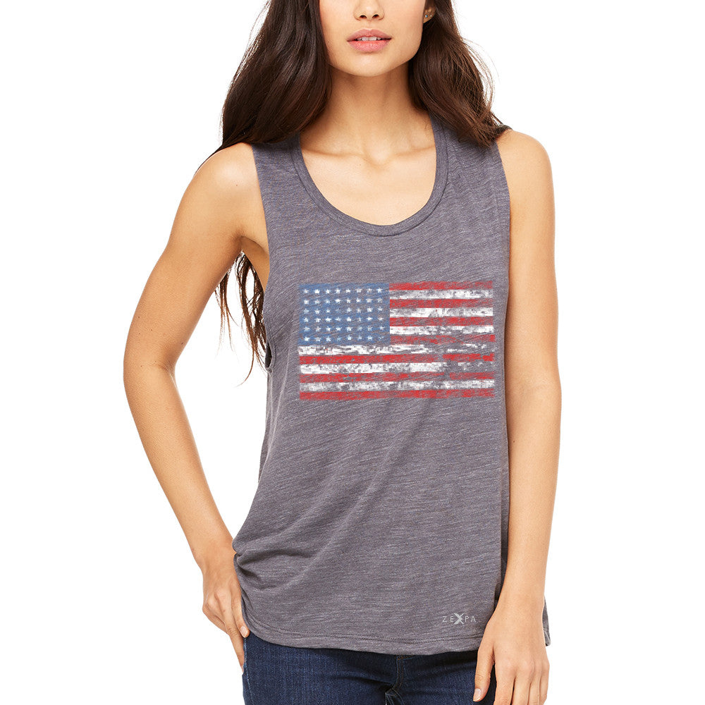 Distressed Atilt American Flag USAÂ  Women's Muscle Tee Patriotic Tanks - Zexpa Apparel - 2