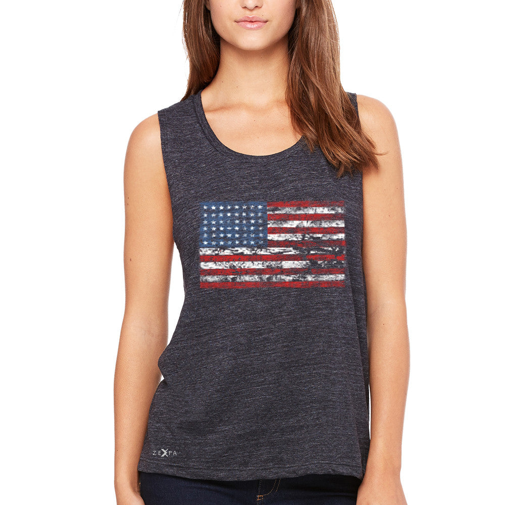 Distressed Atilt American Flag USAÂ  Women's Muscle Tee Patriotic Tanks - Zexpa Apparel - 1