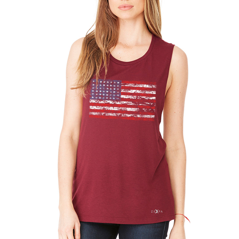 Distressed Atilt American Flag USAÂ  Women's Muscle Tee Patriotic Tanks - Zexpa Apparel - 4