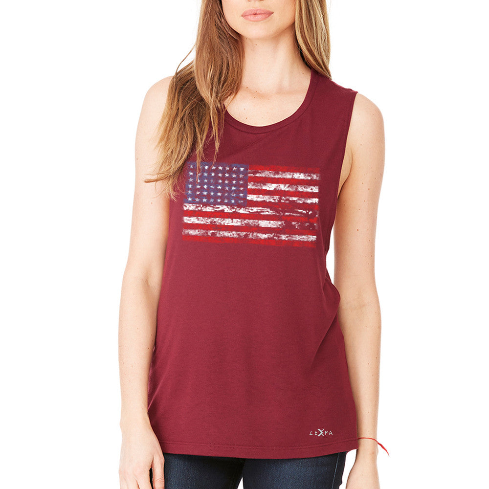 Distressed Atilt American Flag USAÂ  Women's Muscle Tee Patriotic Tanks - Zexpa Apparel - 4